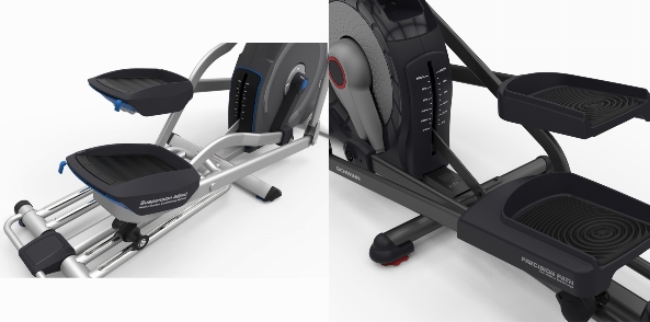 Side by side pictures of the pedals of NordicTrack E 9.9 Elliptical and Schwinn 470