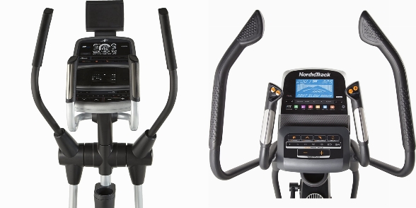 Side by side comparison of the consoles of NordicTrack Spacesaver SE7i and NordicTrack E 9.9 Elliptical
