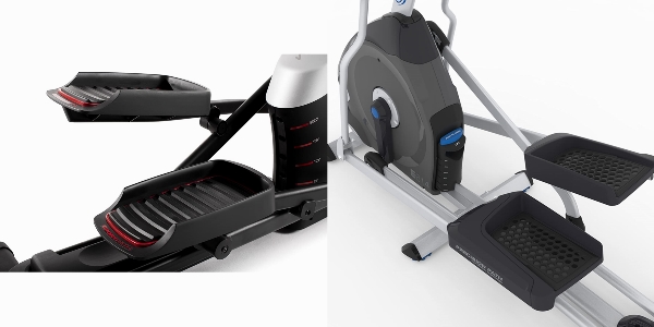 Side by side images of the pedals of ProForm Endurance 520 E and Nautilus E616