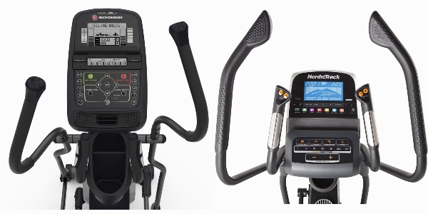 Side by side pictures of the consoles of Schwinn 430 and NordicTrack E 9.9 Elliptical