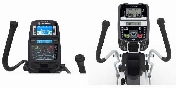 Side by side images of the consoles of Schwinn 470 and Nautilus E614