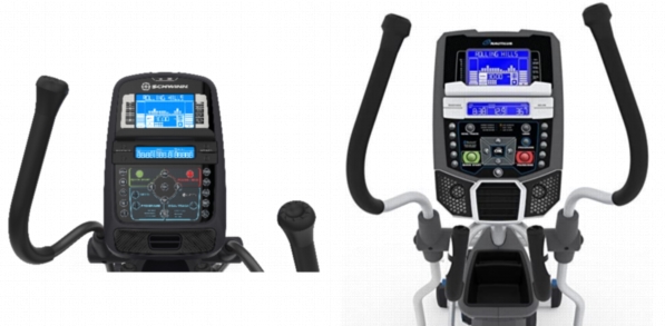 Side by side pictures of the consoles of Schwinn 470 and Nautilus E616