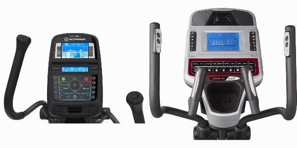 Side by side images of the consoles of Schwinn 470 and Sole Fitness E25