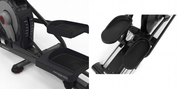 Side by side images of the pedals of Schwinn 470 and Sole Fitness E25